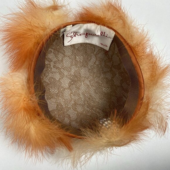 Vtg 1950s Schiaparelli Paris Satin & Feathers Cocktail Hat Size 22 Orange main image 5